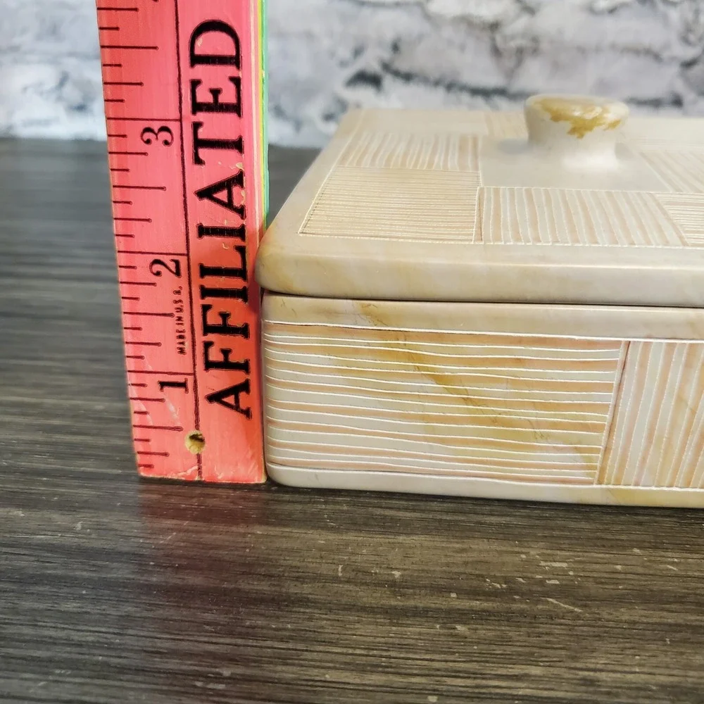 Square Carved Soapstone Trinket Box W/ Lid Geometric Neutrals HEAVY Kenya